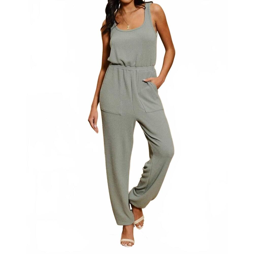 NEW ENDLESS BLU. side pockets and elastic waist jumpsuit in sage